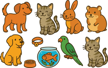 Vector art of a collection of cute cartoon pets including dogs, cats, a rabbit, hamster, and parrot isolated on transparent background