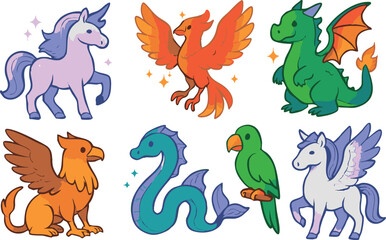 Vector art of a vibrant collection of mythical creatures such as a unicorn, phoenix, dragon, griffin, and sea serpent isolated on transparent background