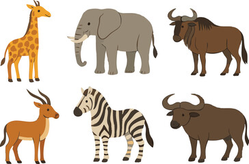 Vector art of a group of african savanna animals including a giraffe, elephant, wildebeest, antelope, zebra, and buffalo isolated on transparent background