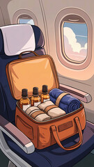 A neatly packed travel bag with essential items including glass bottles, socks, and scarf, resting on an airplane seat with a view of clouds through the window, concept of traveling