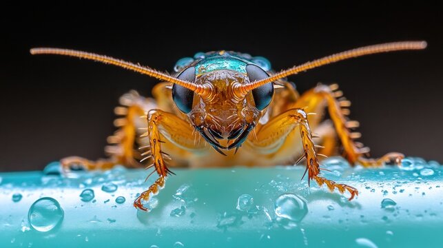 Close-up of a cockroach with water droplets