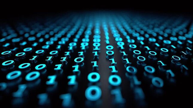 Binary Code Data Stream: A digital data stream composed of binary code illuminates with a futuristic, technological glow. Explore the seamless flow of information in this dynamic graphic.