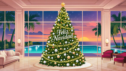 Festive Christmas scene in a tropical hotel lobby, showcasing a grand tree with frosted ornaments, concept of winter holiday