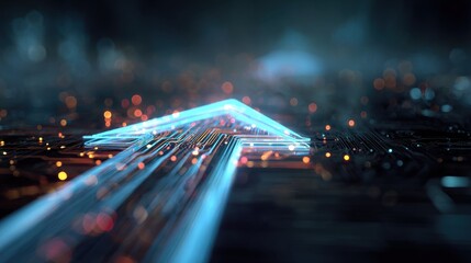 Glowing digital arrow with neon blue light trails on circuit board, futuristic technology background, dynamic motion and progress concept, commercial innovation and tech branding use  