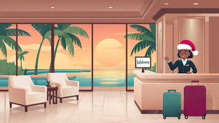 Smiling woman in Santa hat stands behind reception desk with welcome sign in holiday hotel lobby, palm trees and suitcase visible, concept of festive service