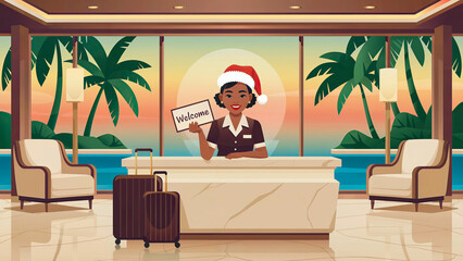 Receptionist in Santa hat holds welcome sign in tropical hotel lobby during sunset, suitcase near entrance, palm trees outside, concept of holiday travel