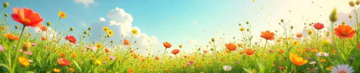 A vibrant summer meadow swaying gently in a warm breeze, sun-drenched wildflowers dancing in the wind  Perfect for illustrating carefree summer days and nature's beauty ,  green,  rural