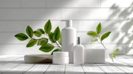 White cosmetic bottles with green leaves, minimal spa setting, bright natural lighting, clean modern composition, commercial beauty and skincare branding use  