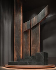 Abstract black and bronze stage installation with tall vertical panels and curved architectural elements, dramatic indoor lighting, modern luxury display for commercial and editorial use