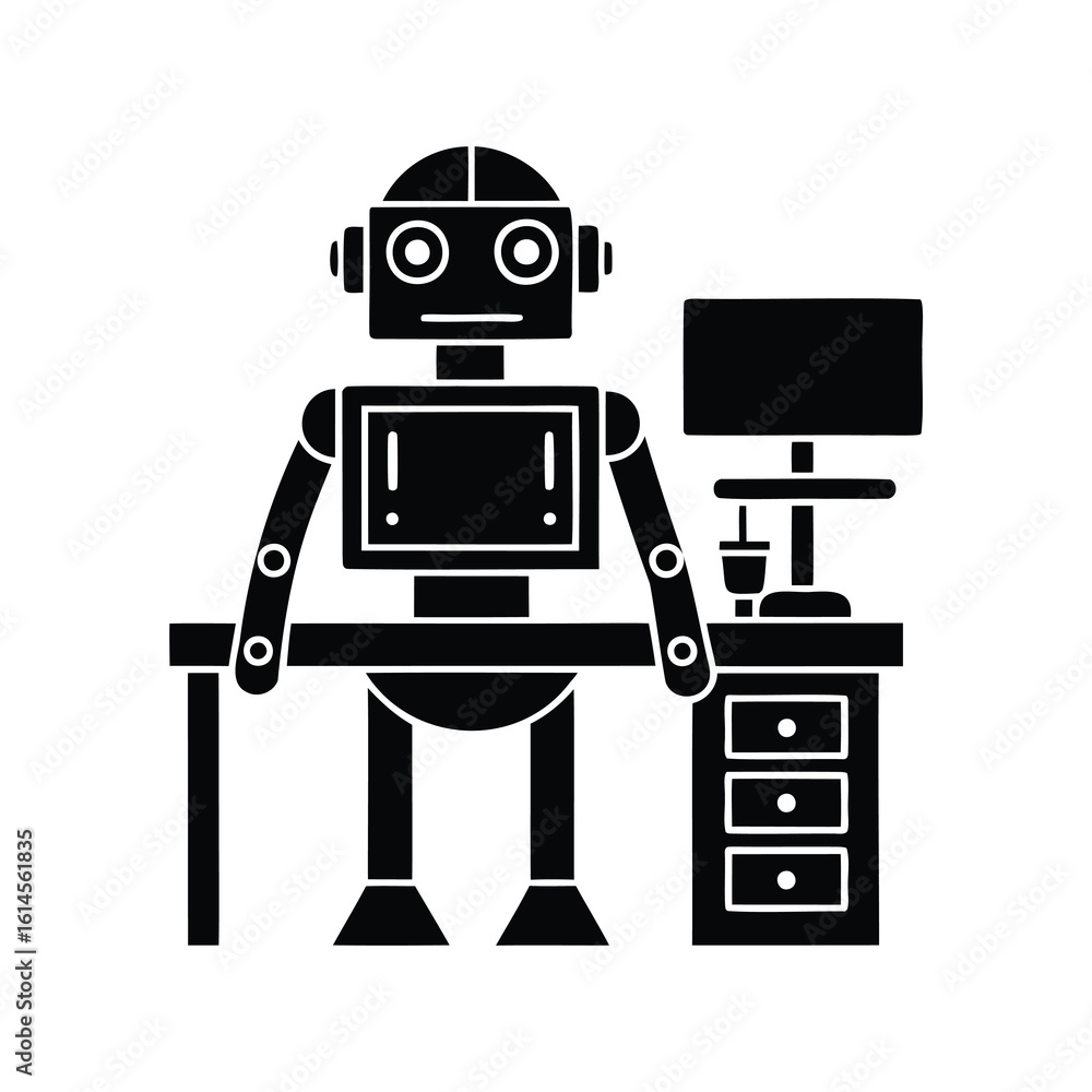 Poster retro robot at office desk with computer, lamp and drawer cabinet
