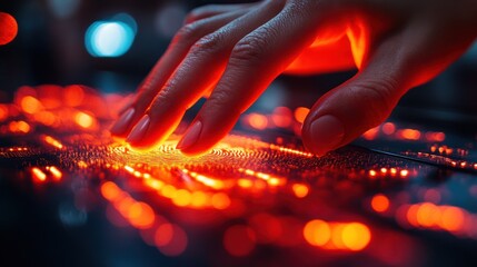 Close-up of a hand playing glowing electronic music keyboard