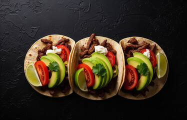 Flat lay food photography of vibrant Mexican tacos filled with seasoned beef, fresh avocado slices, diced tomatoes, and lime wedges. The dark background enhances the bold colors and textures of the in