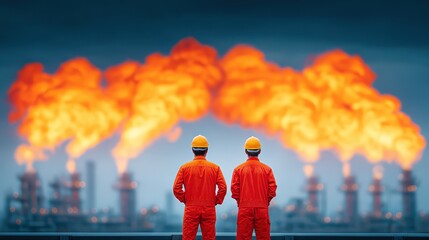 Minimal energy concept Flames burn from a flare stack as part of refinery emission control, while engineers in safety suits monitor gas sensors nearby. The intense industrial atmosphere is shaped by