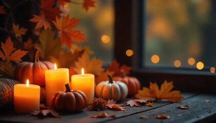 Cozy autumn scene with burning candles, warm lighting, and fall decor Perfect for blogs, websites, or social media related to home decor, seasonal celebrations, and relaxation , candle, comfort