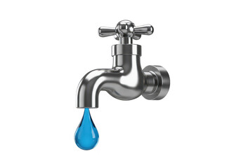 A shiny chrome faucet with a single blue water drop falling from its spout, isolated on a transparent background