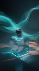 Luxury perfume bottle with glowing turquoise light trails, elegant glass design, dark moody background, ethereal vapor effect, ideal for fragrance advertising and beauty branding  