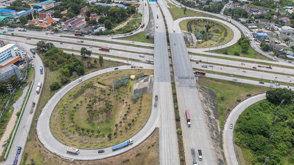 Aerial top view Road traffic in city at thailand .