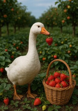 Duck with strawberry basket outdoors.