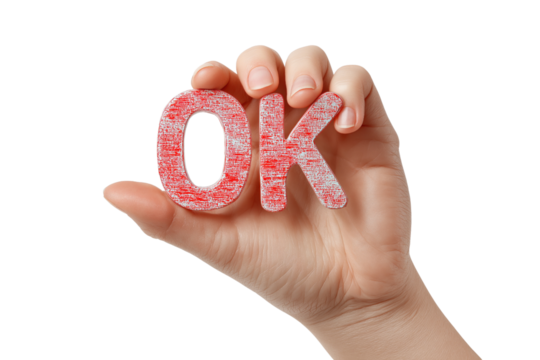Hand holding red textured letters forming the word O K isolated on a transparent background image - Powered by Adobe