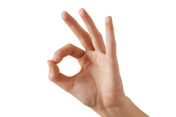 Human hand forming the O K gesture with thumb and index finger touching isolated on a transparent background