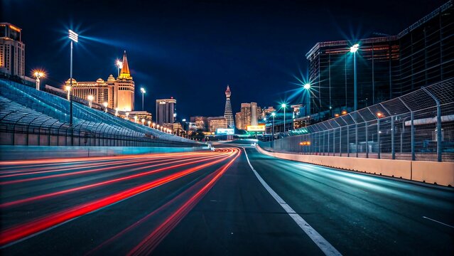 Night view of illuminated street racing circuit with motion blur light trails and city skyline in background
