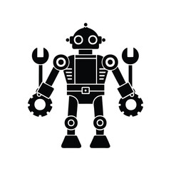 A symmetrical black and white robot holding tools with a retro aesthetic