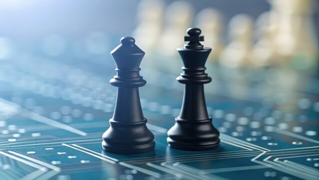 Overlapping chess pieces with digital circuit pattern — merging strategy with technology
