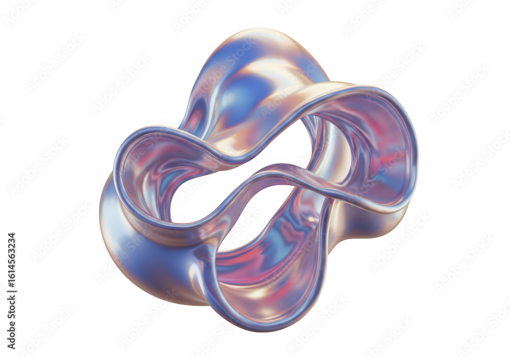 Poster an iridescent, fluid abstract shape with swirling loops, rendered in 3d on a transparent background