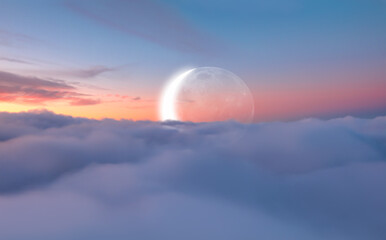 Ramadan Concept - Abstract background with Crescent moon over the sunset clouds