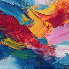 Abstract painting with vibrant, thick brushstrokes of various colors.  Layers of paint create dynamic movement and texture