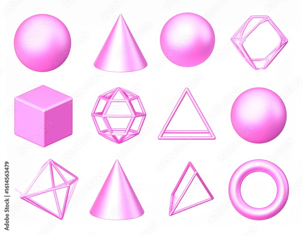 Poster 3d pink metal neon gradient shapes render. vector abstract element set of sphere and