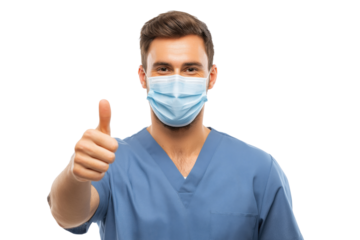 Man in blue scrubs and face mask gives thumbs up gesture isolated on a transparent background male doctor