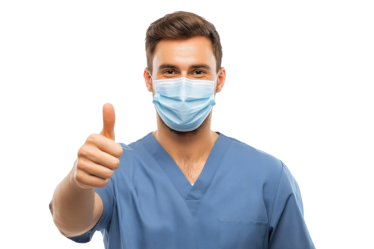 Man in blue scrubs and face mask gives thumbs up gesture isolated on a transparent background male doctor