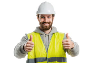 Man wearing white hard hat and yellow safety vest giving thumbs up isolated on a transparent background