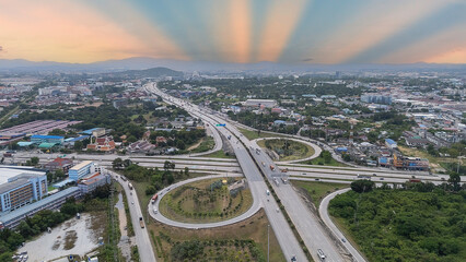 Aerial top view Road traffic in city at thailand .