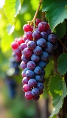 A bountiful harvest of ripe, purple grapes hanging heavy on a mature grapevine, ready for picking Sunlight illuminates the juicy fruit and lush green leaves , sunlight, vine