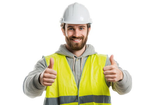 Man wearing white hard hat and yellow safety vest giving thumbs up isolated on a transparent background