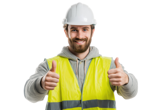 Man wearing white hard hat and yellow safety vest giving thumbs up isolated on a transparent background