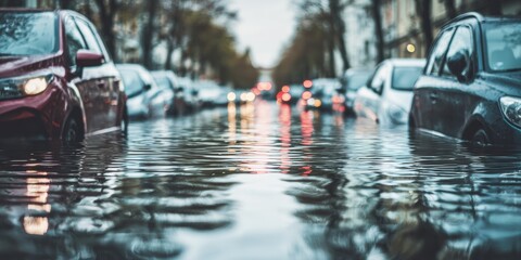 Professional Urban Flooding and Storm Preparation Scene with Submerged Vehicles Modern Climate Change Impact for Emergency Safety Marketing and Editorial Use