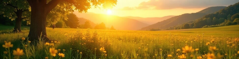 Obraz premium Serene landscape bathed in golden sunlight, conveying a sense of peace and spiritual refuge; perfect for meditation, mindfulness, and well-being themes , vibrant, spiritual, healing