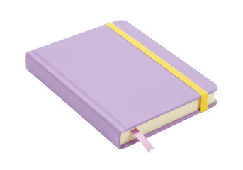 A purple notebook with a yellow elastic band and a pink ribbon bookmark, isolated on a transparent background