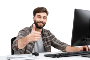 Man with beard wearing plaid shirt giving thumbs up at computer isolated on a transparent background