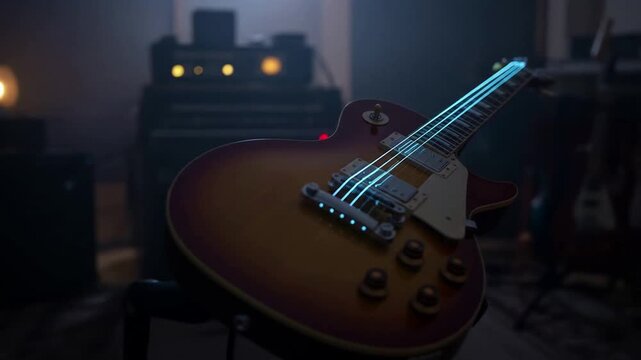 Legendary electric guitar glows under stage lights, ready for a powerful rock performance