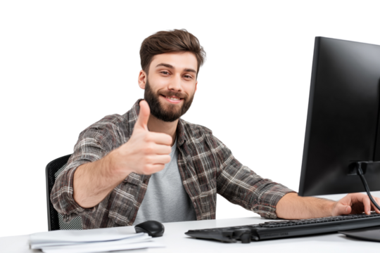 Man with beard wearing plaid shirt giving thumbs up at computer isolated on a transparent background