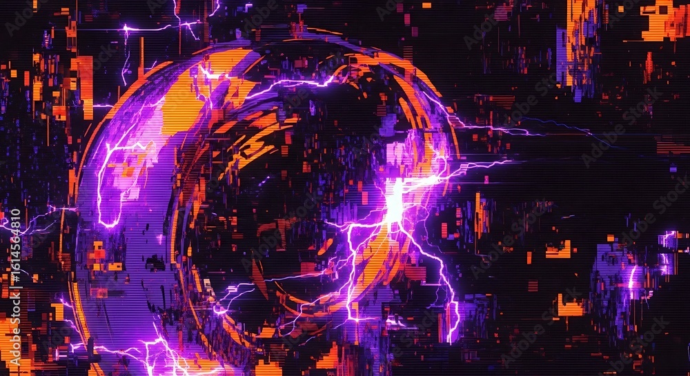Poster abstract sphere with orange and purple hues surrounded by lightning and pixelated blocks on black ai
