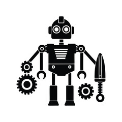 Silhouette of a Retro Robot Holding Gears and a Plunger Duster