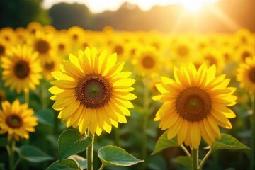 Obraz premium A field of sunflowers glistening under the sunlight, their petals catching the light like tiny sparkles A vibrant summer scene full of joy and natural beauty , nature, cheerful