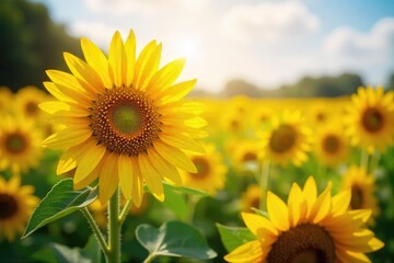 Obraz premium A field of sunflowers glistening under the sunlight, their petals catching the light like tiny sparkles A vibrant summer scene full of joy and natural beauty , rays, energy
