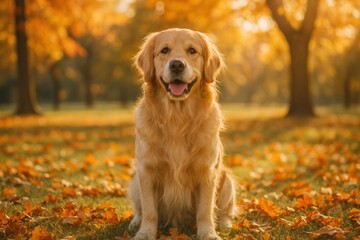 Golden retriever autumn leaves park