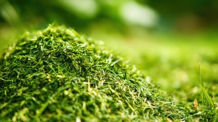 Bright green grass clippings rest in a mound, showcasing fresh cuttings after a landscaping session during a sunny afternoon, ideal for use in gardens or mulching.